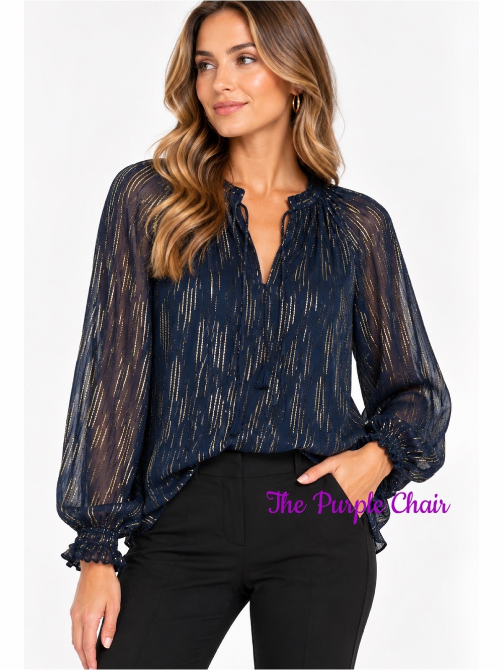 CROWN & IVY NWT Long Sleeve Foil Peasant Top *Harbor Navy XL